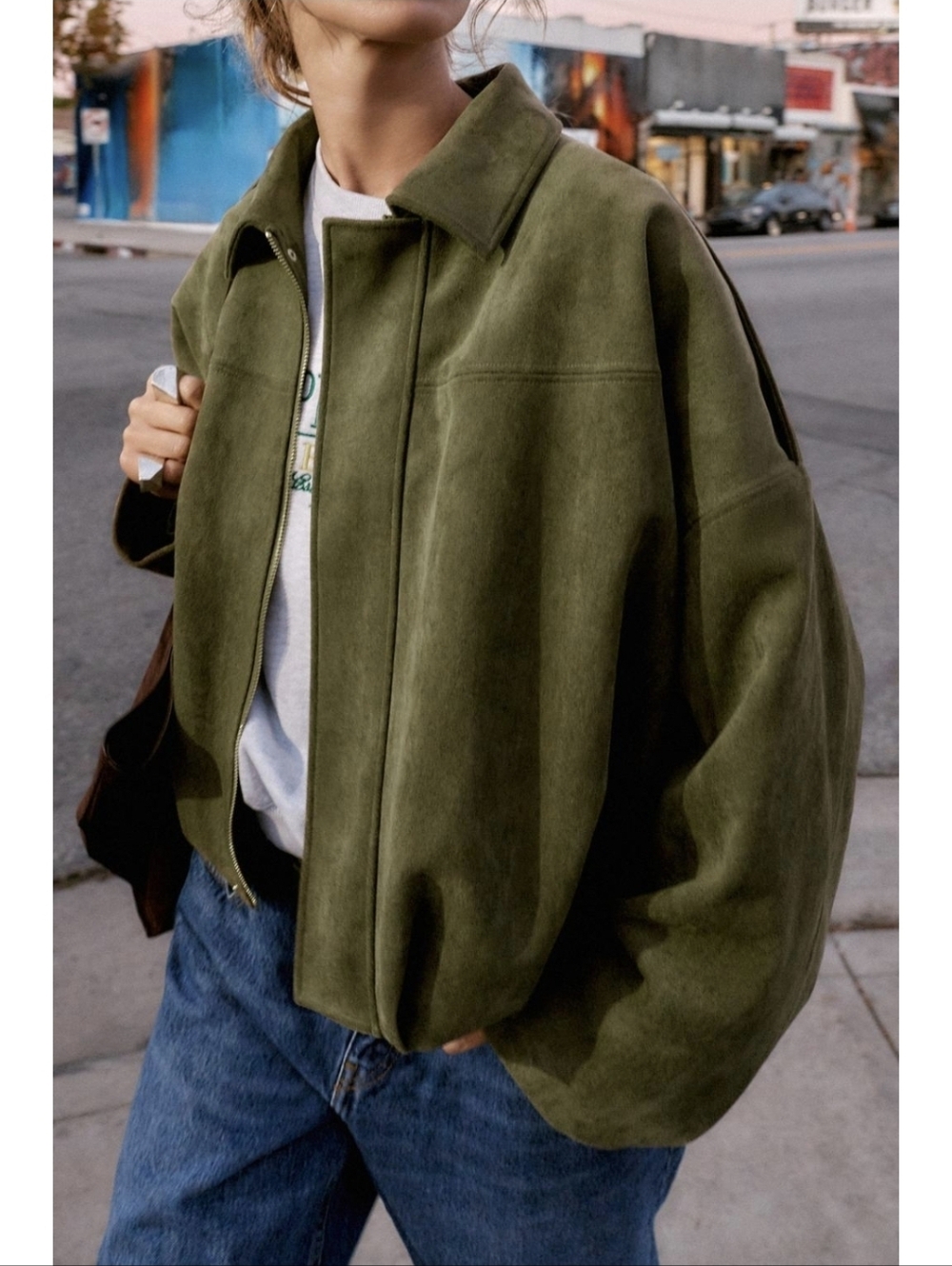 Zara Viral Faux Suede Olive Green Bomber Jacket Size Small - Picture 2 of 11